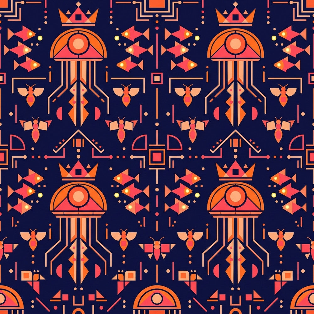 navy blue, coral orange, burnt orange, gold accents, geometric, abstract, modern, celestial, space theme, jellyfish, insects, bugs, beetles, moths, butterflies, crowns, royalty, regal, whimsical, playful, kids, children, nursery, playroom, baby, bright colors, bold pattern, symmetrical, art deco, futuristic