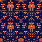 navy blue, coral orange, burnt orange, gold accents, geometric, abstract, modern, celestial, space theme, jellyfish, insects, bugs, beetles, moths, butterflies, crowns, royalty, regal, whimsical, playful, kids, children, nursery, playroom, baby, bright colors, bold pattern, symmetrical, art deco, futuristic