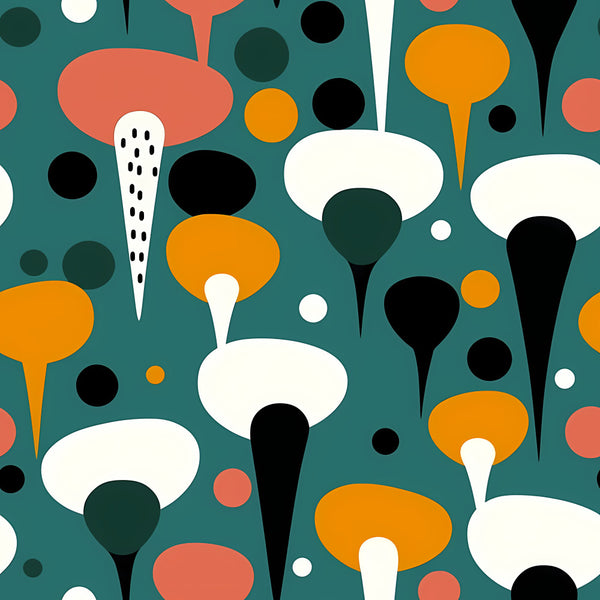 teal, forest green, coral pink, burnt orange, golden yellow, cream white, black, abstract, geometric, modern, whimsical, playful, mushrooms, toadstools, nature, botanical, mid-century modern, retro, circles, dots, polka dots, woodland, forest theme, kids room, nursery, playroom, children's decor, contemporary, stylized, organic shapes