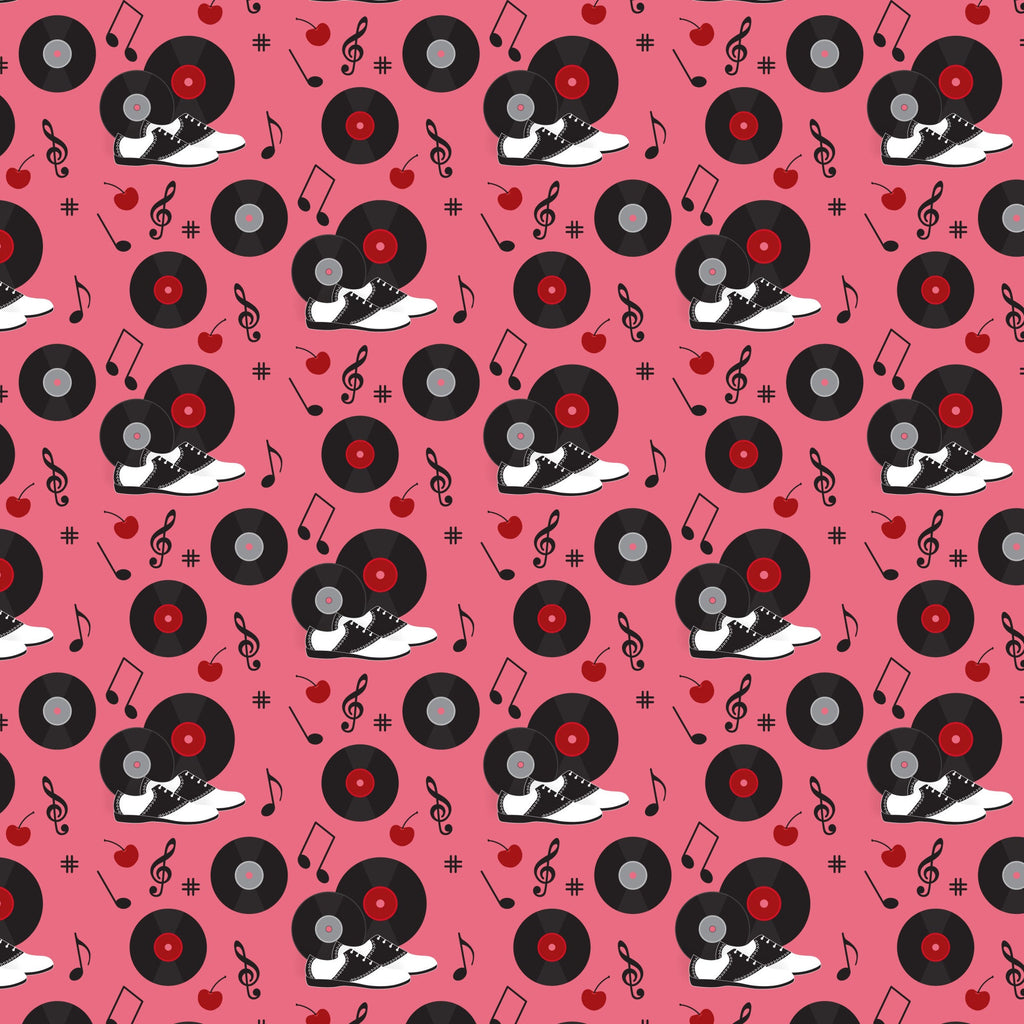 pink background, black vinyl records, red records, saddle shoes, black and white shoes, musical notes, treble clef, cherry motifs, red cherries, retro 50s style, diner theme, rockabilly pattern, music themed,, fabric panel, nostalgic design, vintage inspired, repeating pattern, sock hop style, jukebox era