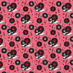 pink background, black vinyl records, red records, saddle shoes, black and white shoes, musical notes, treble clef, cherry motifs, red cherries, retro 50s style, diner theme, rockabilly pattern, music themed,, fabric panel, nostalgic design, vintage inspired, repeating pattern, sock hop style, jukebox era