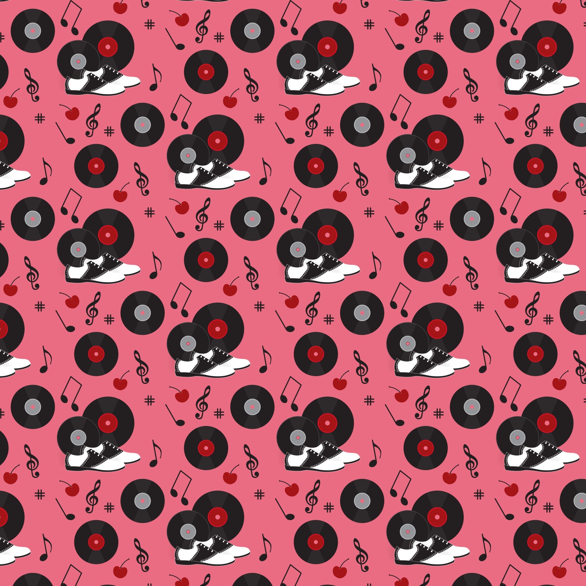 pink background, black vinyl records, red records, saddle shoes, black and white shoes, musical notes, treble clef, cherry motifs, red cherries, retro 50s style, diner theme, rockabilly pattern, music themed,, fabric panel, nostalgic design, vintage inspired, repeating pattern, sock hop style, jukebox era