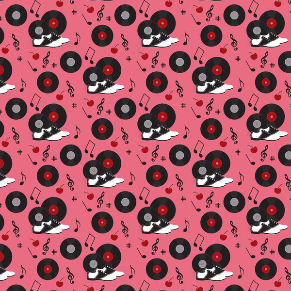 pink background, black vinyl records, red records, saddle shoes, black and white shoes, musical notes, treble clef, cherry motifs, red cherries, retro 50s style, diner theme, rockabilly pattern, music themed,, fabric panel, nostalgic design, vintage inspired, repeating pattern, sock hop style, jukebox era