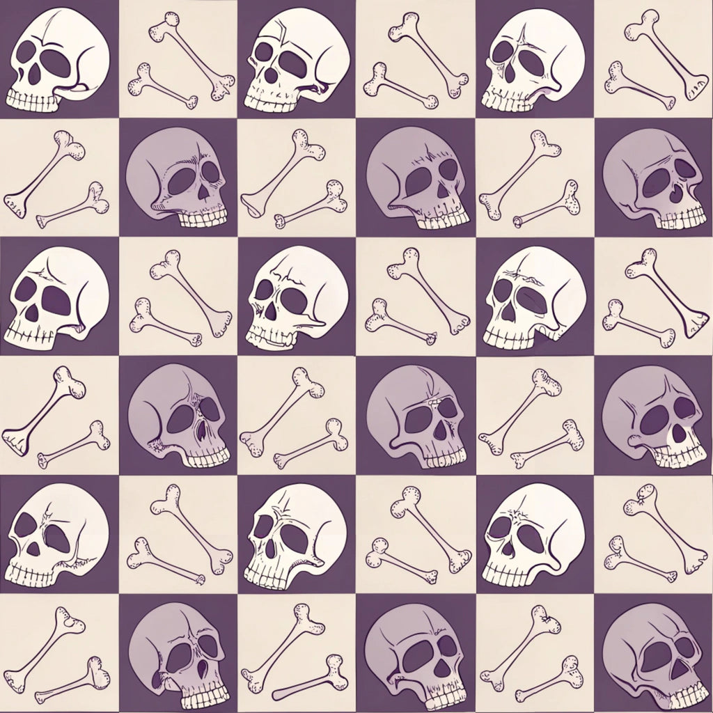 purple, beige, cream, checkered pattern, skulls, crossbones, bones, gothic style, spooky motif, halloween theme, retro aesthetic, vintage inspired, alternating squares,, fabric panel, macabre design, anatomical elements, death imagery, october themed, horror motifs