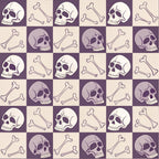 purple, beige, cream, checkered pattern, skulls, crossbones, bones, gothic style, spooky motif, halloween theme, retro aesthetic, vintage inspired, alternating squares,, fabric panel, macabre design, anatomical elements, death imagery, october themed, horror motifs