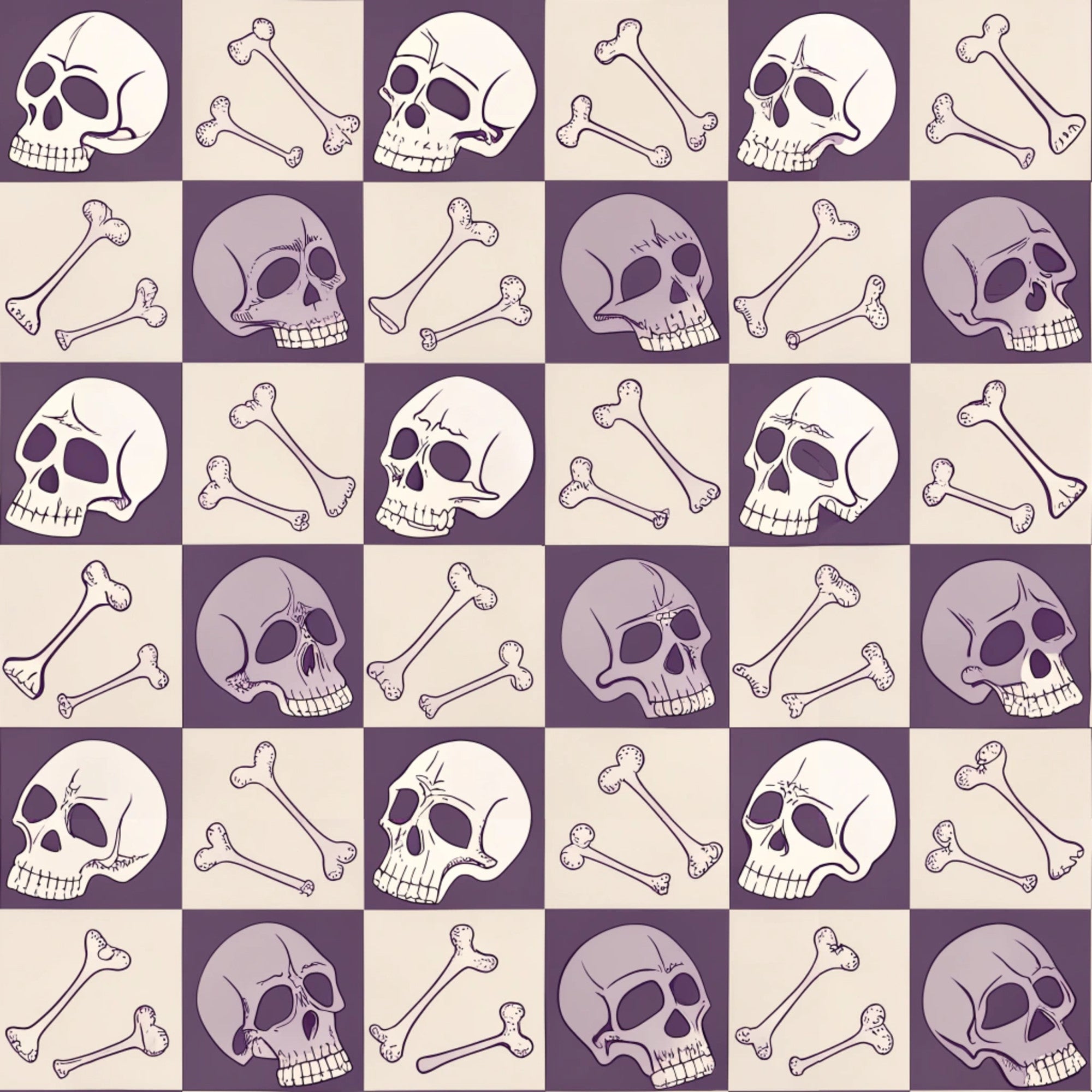 purple, beige, cream, checkered pattern, skulls, crossbones, bones, gothic style, spooky motif, halloween theme, retro aesthetic, vintage inspired, alternating squares,, fabric panel, macabre design, anatomical elements, death imagery, october themed, horror motifs