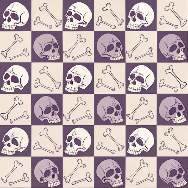 purple, beige, cream, checkered pattern, skulls, crossbones, bones, gothic style, spooky motif, halloween theme, retro aesthetic, vintage inspired, alternating squares,, fabric panel, macabre design, anatomical elements, death imagery, october themed, horror motifs