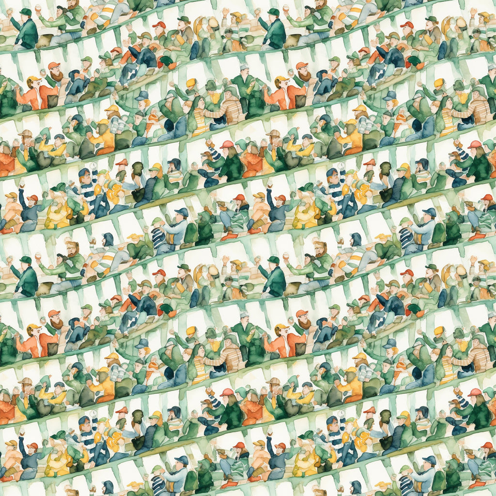 watercolor, football stadium, crowd scene, spectators, green, orange, yellow, blue, beige,, fabric panel, sports theme, stadium seating, cheering fans, watercolor style, soft colors, repeating pattern, football fans, stadium atmosphere, muted tones