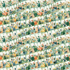 watercolor, football stadium, crowd scene, spectators, green, orange, yellow, blue, beige,, fabric panel, sports theme, stadium seating, cheering fans, watercolor style, soft colors, repeating pattern, football fans, stadium atmosphere, muted tones