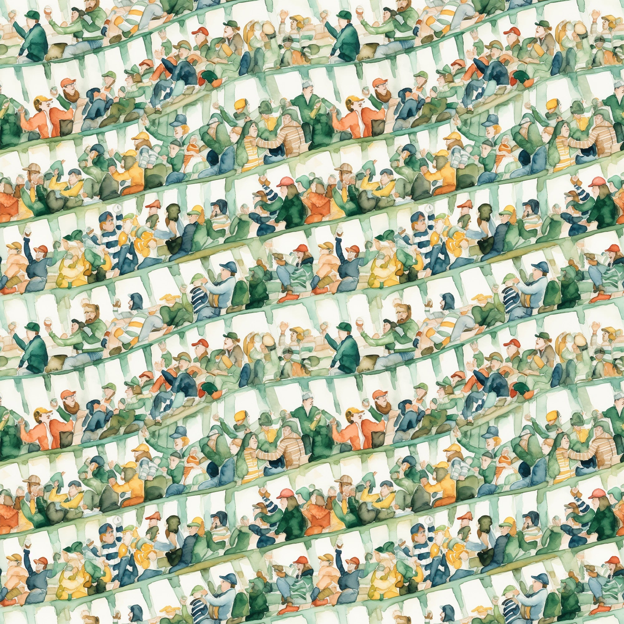 watercolor, football stadium, crowd scene, spectators, green, orange, yellow, blue, beige,, fabric panel, sports theme, stadium seating, cheering fans, watercolor style, soft colors, repeating pattern, football fans, stadium atmosphere, muted tones