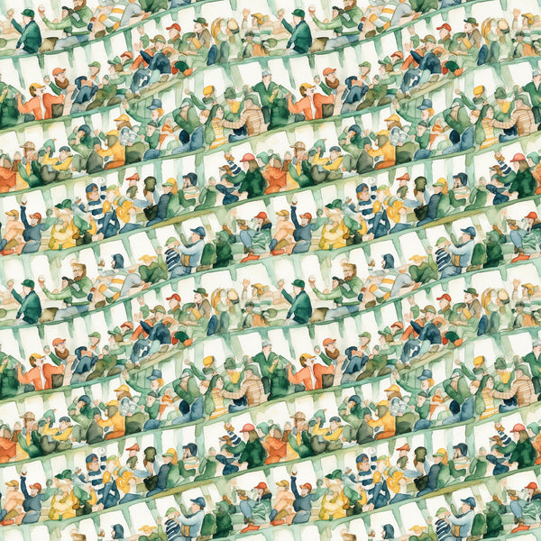 watercolor, football stadium, crowd scene, spectators, green, orange, yellow, blue, beige,, fabric panel, sports theme, stadium seating, cheering fans, watercolor style, soft colors, repeating pattern, football fans, stadium atmosphere, muted tones