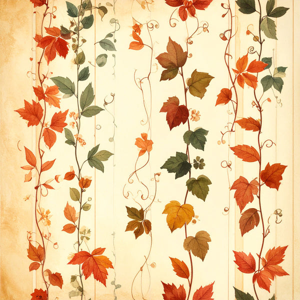 autumn leaves, fall foliage, vintage botanical, climbing vines, rust orange, burnt orange, deep red, forest green, sage green, golden yellow, warm cream, nature inspired, botanical print, traditional floral, elegant, rustic, vintage style, autumn theme, seasonal, fall decor, leaf motifs, ivy vines, curling tendrils, cottage core, classic design, timeless pattern, multi-color floral, harvest season