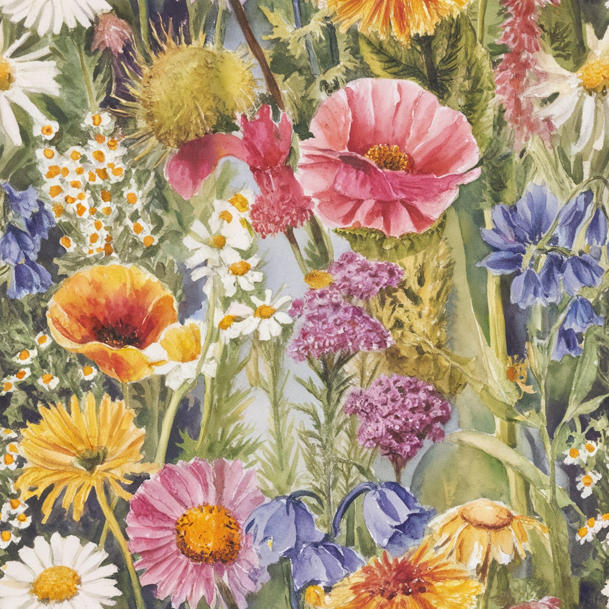 wildflower, botanical, floral pattern, pink poppies, yellow daisies, white flowers, purple blooms, orange petals, green foliage, watercolor style, meadow flowers, nature motif,, fabric panel, spring flowers, garden blooms, artistic florals, soft pastels, botanical illustration, whimsical florals
