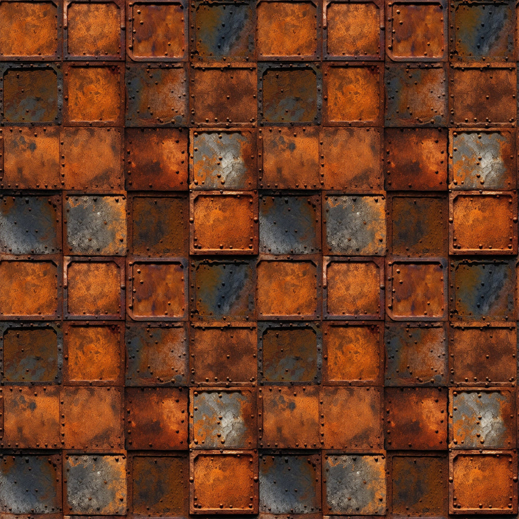 rust orange, burnt sienna, charcoal gray, weathered metal, industrial texture, distressed panels, geometric squares, oxidized surface, steampunk aesthetic, grunge pattern, metallic finish, aged iron, corrosion details, riveted squares,, fabric panel, mechanical design, vintage industrial, patina effect, gritty texture