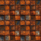 rust orange, burnt sienna, charcoal gray, weathered metal, industrial texture, distressed panels, geometric squares, oxidized surface, steampunk aesthetic, grunge pattern, metallic finish, aged iron, corrosion details, riveted squares,, fabric panel, mechanical design, vintage industrial, patina effect, gritty texture