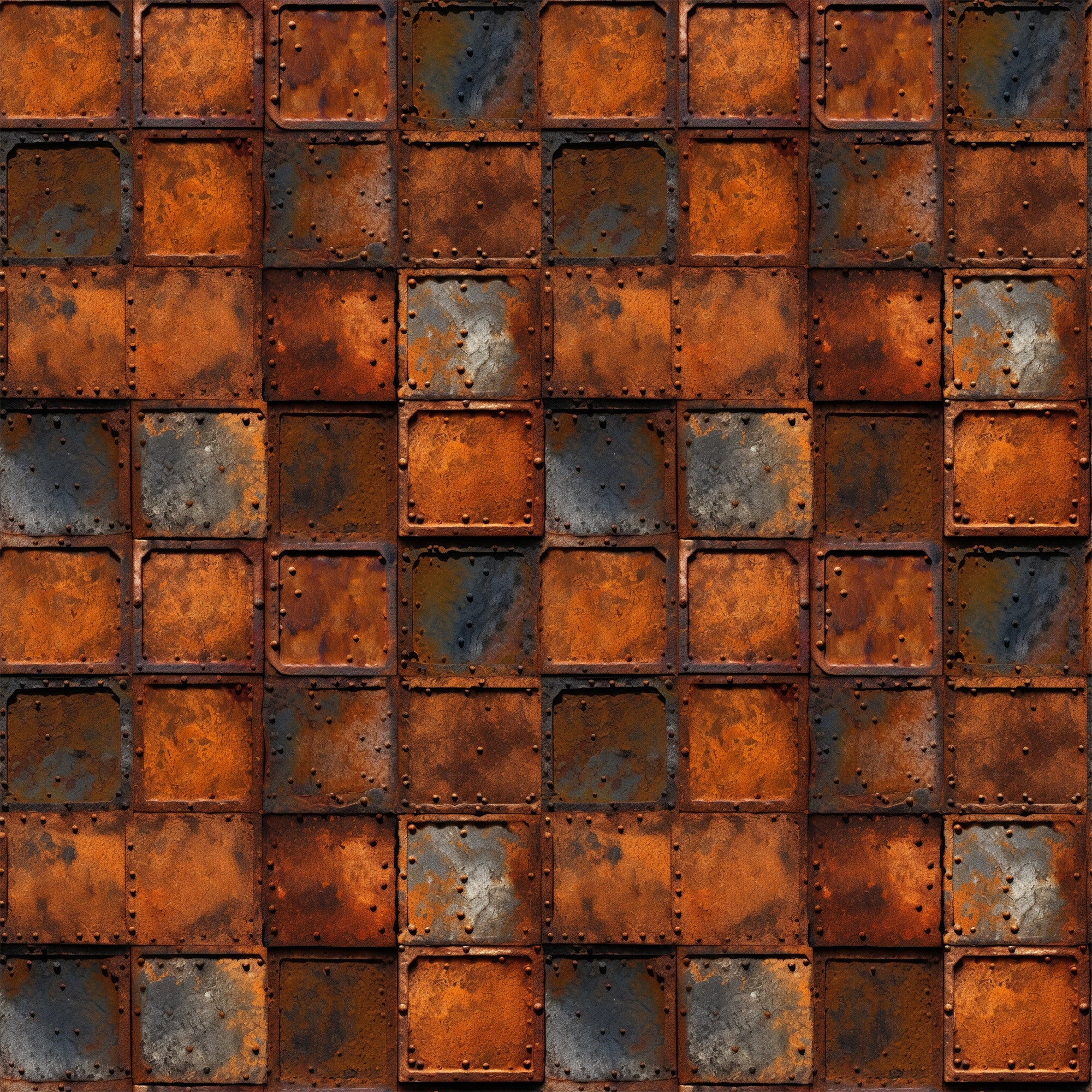rust orange, burnt sienna, charcoal gray, weathered metal, industrial texture, distressed panels, geometric squares, oxidized surface, steampunk aesthetic, grunge pattern, metallic finish, aged iron, corrosion details, riveted squares,, fabric panel, mechanical design, vintage industrial, patina effect, gritty texture