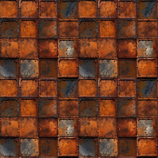 rust orange, burnt sienna, charcoal gray, weathered metal, industrial texture, distressed panels, geometric squares, oxidized surface, steampunk aesthetic, grunge pattern, metallic finish, aged iron, corrosion details, riveted squares,, fabric panel, mechanical design, vintage industrial, patina effect, gritty texture