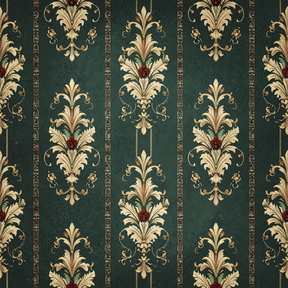forest green, gold, cream, burgundy red, damask, floral, striped, ornamental, baroque, victorian, elegant, traditional, classic, vintage, ornate, decorative, acanthus leaves, scrollwork, jewel tones, botanical, formal, luxurious, upholstery style, home decor, regal, antique inspired, timeless pattern