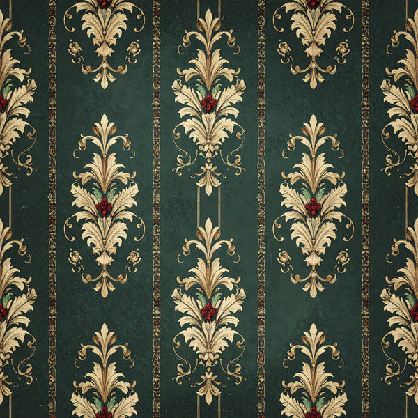 forest green, gold, cream, burgundy red, damask, floral, striped, ornamental, baroque, victorian, elegant, traditional, classic, vintage, ornate, decorative, acanthus leaves, scrollwork, jewel tones, botanical, formal, luxurious, upholstery style, home decor, regal, antique inspired, timeless pattern