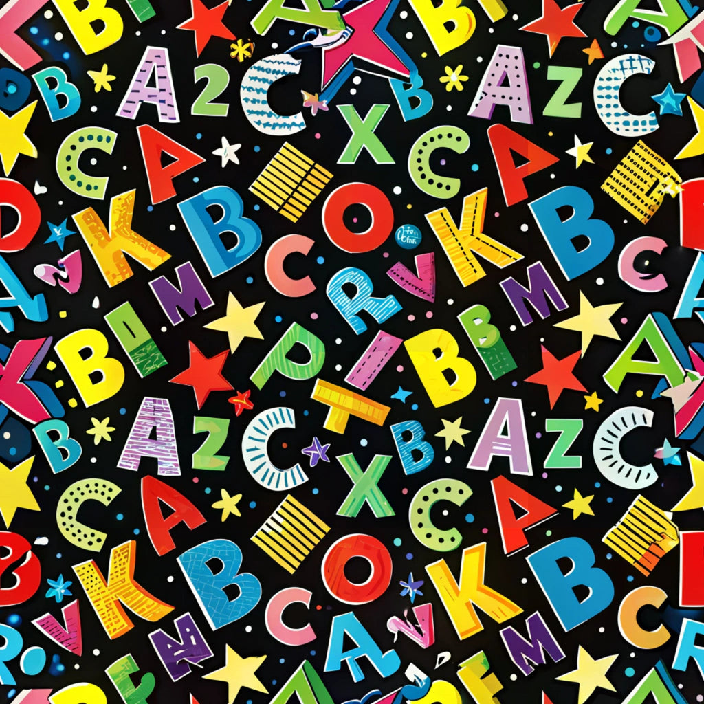 back to school, alphabet letters, numbers, black background, bright colors, yellow, red, blue, green, pink, purple, orange, stars, educational theme, scattered pattern, colorful letters,, fabric panel, children's fabric, school theme, learning motif, multicolored design
