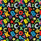 back to school, alphabet letters, numbers, black background, bright colors, yellow, red, blue, green, pink, purple, orange, stars, educational theme, scattered pattern, colorful letters,, fabric panel, children's fabric, school theme, learning motif, multicolored design