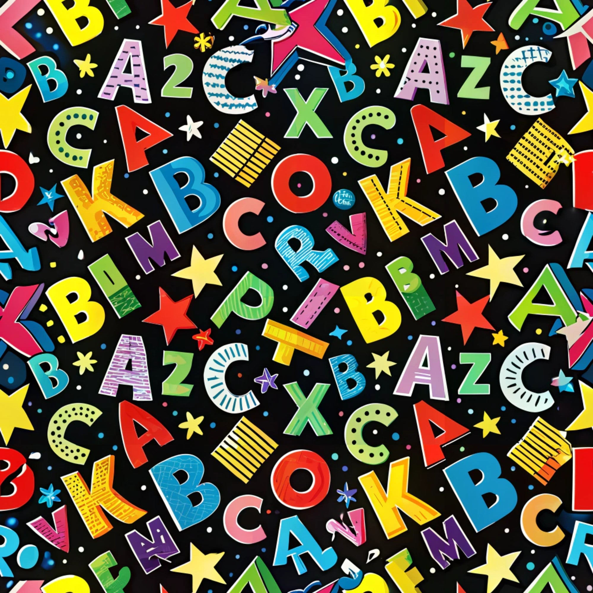 back to school, alphabet letters, numbers, black background, bright colors, yellow, red, blue, green, pink, purple, orange, stars, educational theme, scattered pattern, colorful letters,, fabric panel, children's fabric, school theme, learning motif, multicolored design