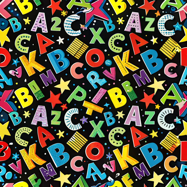 back to school, alphabet letters, numbers, black background, bright colors, yellow, red, blue, green, pink, purple, orange, stars, educational theme, scattered pattern, colorful letters,, fabric panel, children's fabric, school theme, learning motif, multicolored design