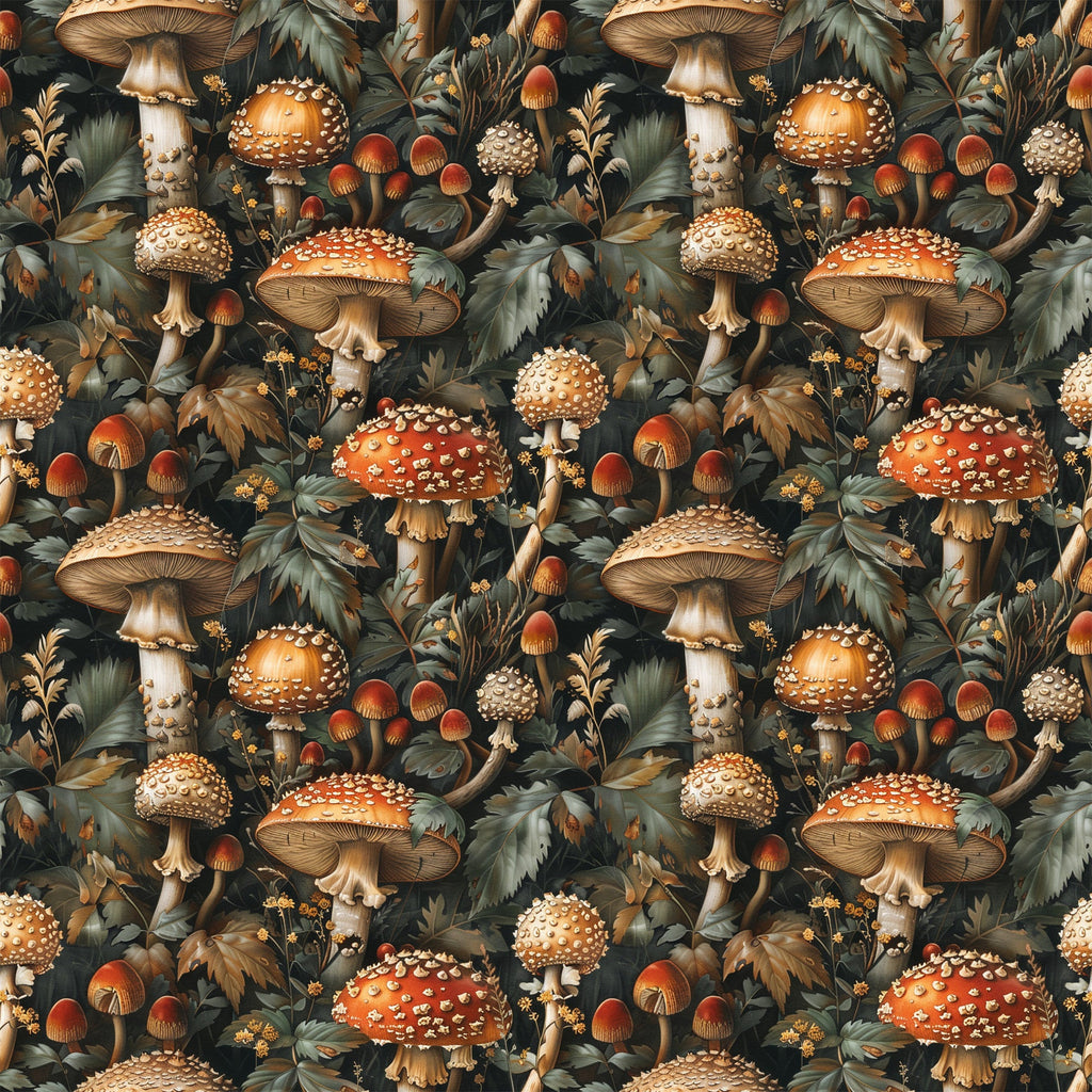 retro mushrooms, botanical pattern, autumn colors, forest fungi, orange mushrooms, red toadstools, brown stems, green foliage, spotted caps, woodland scene, vintage illustration, earthy tones, nature motif,, fabric panel, seamless repeat, detailed artwork, fall theme, botanical print, rustic style