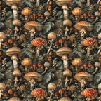 retro mushrooms, botanical pattern, autumn colors, forest fungi, orange mushrooms, red toadstools, brown stems, green foliage, spotted caps, woodland scene, vintage illustration, earthy tones, nature motif,, fabric panel, seamless repeat, detailed artwork, fall theme, botanical print, rustic style