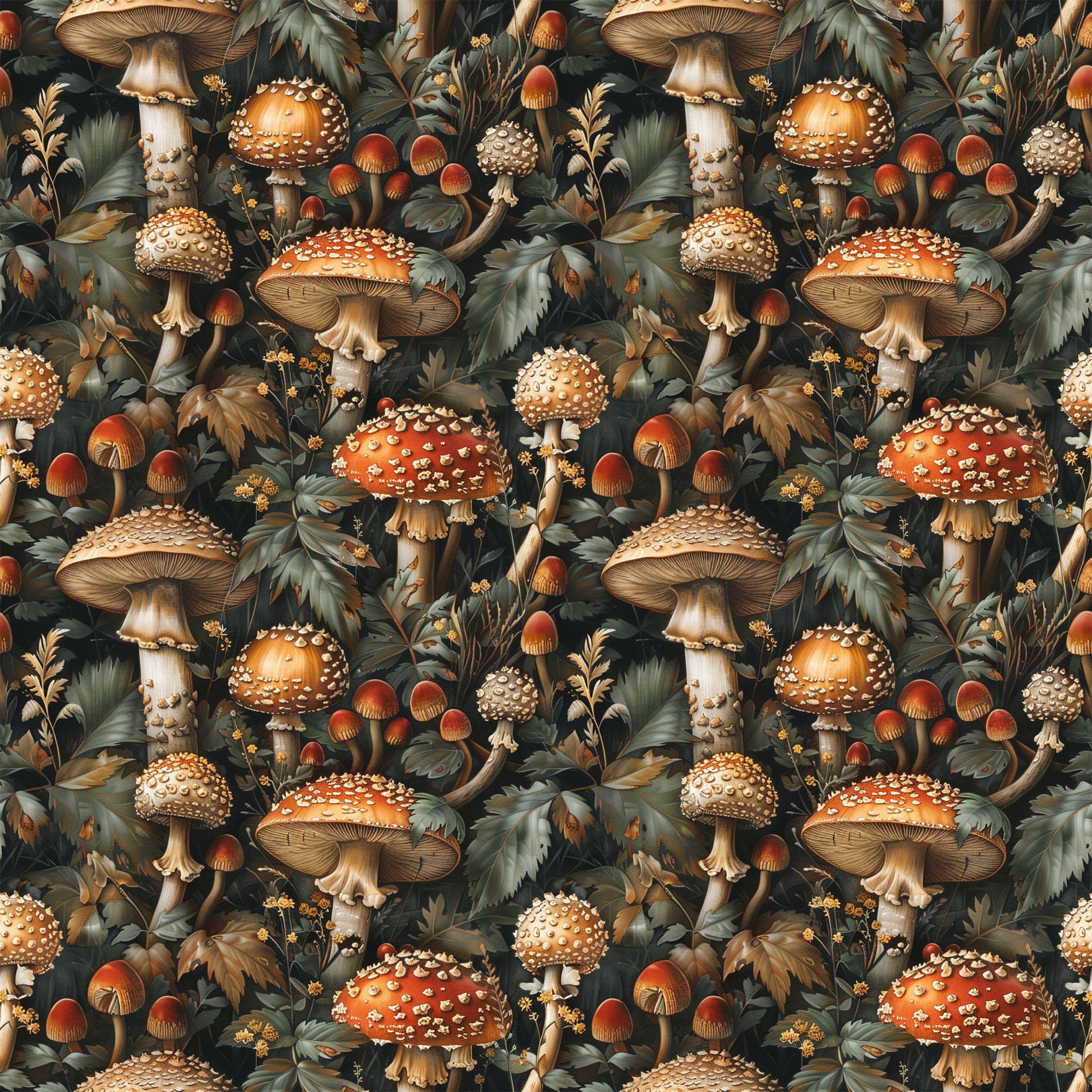 retro mushrooms, botanical pattern, autumn colors, forest fungi, orange mushrooms, red toadstools, brown stems, green foliage, spotted caps, woodland scene, vintage illustration, earthy tones, nature motif,, fabric panel, seamless repeat, detailed artwork, fall theme, botanical print, rustic style