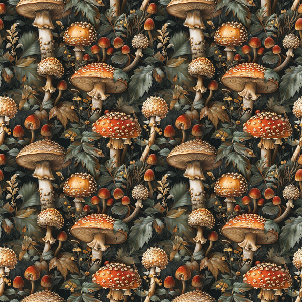 retro mushrooms, botanical pattern, autumn colors, forest fungi, orange mushrooms, red toadstools, brown stems, green foliage, spotted caps, woodland scene, vintage illustration, earthy tones, nature motif,, fabric panel, seamless repeat, detailed artwork, fall theme, botanical print, rustic style