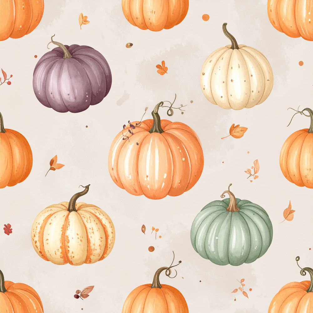 autumn pumpkins, fall harvest, pumpkin patch, orange pumpkins, cream pumpkins, dusty purple pumpkins, sage green pumpkins, watercolor pumpkins, botanical leaves, fall foliage, seasonal harvest, thanksgiving theme, autumn leaves, whimsical style, farmhouse style, rustic aesthetic, nature theme, fall colors, burnt orange, pale cream, muted purple, soft sage green, decorative gourds, autumn botanical, fall festival, kids room, playroom, nursery theme, seasonal decor