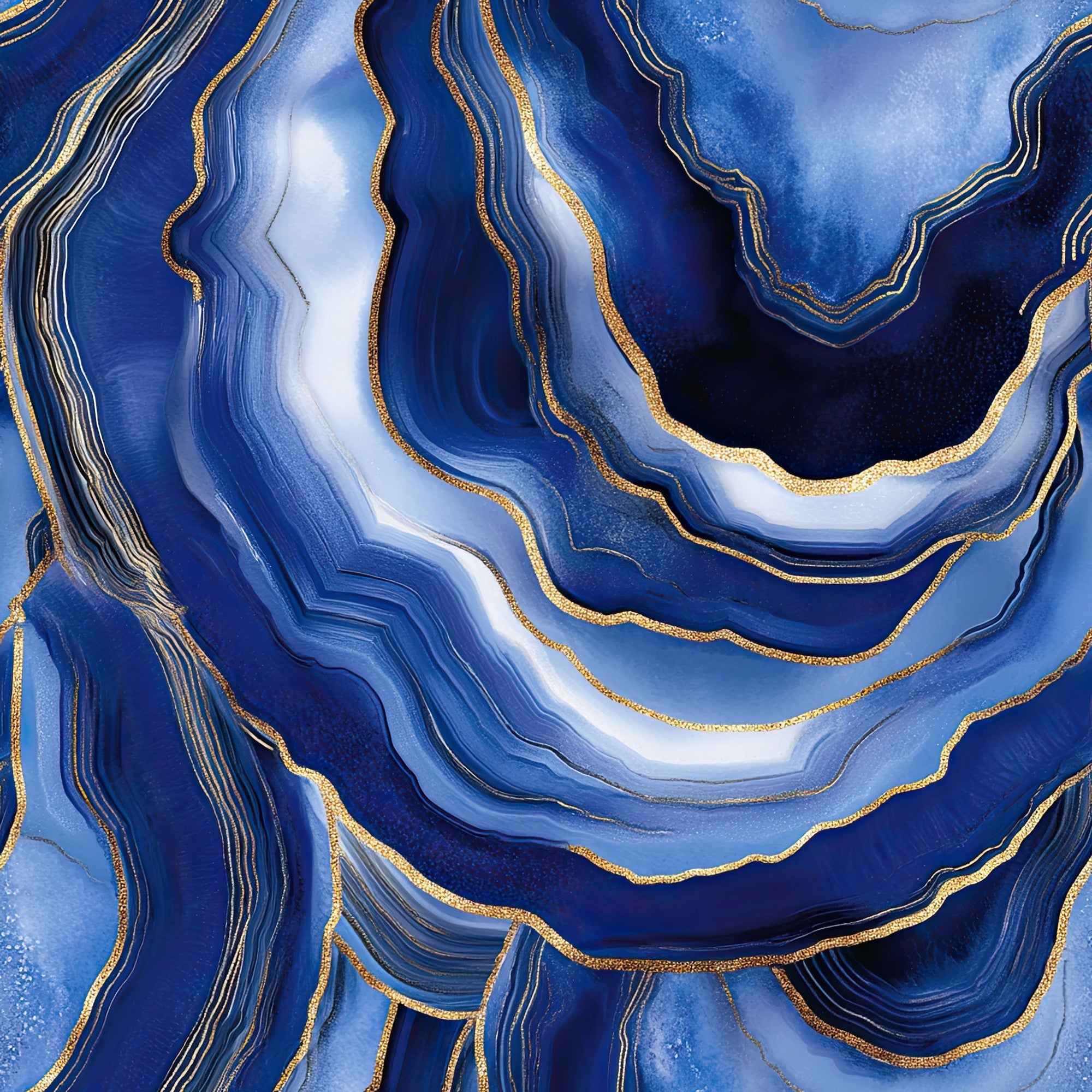 royal blue, gold, agate pattern, geode design, marble texture, swirling lines, organic shapes, layered bands, metallic accents, mineral formation, abstract design, flowing curves, crystalline structure, luxurious appearance,, fabric panel, contemporary style, geological inspired, shimmering details, natural stone motif
