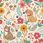 coral pink, sage green, golden yellow, cream background, floral pattern, cute dogs, tabby cat, paw prints, heart motifs, botanical elements, whimsical illustration, pet themed,, fabric panel, spring flowers, folk art style, playful design, animal lovers, crafting material, repeating pattern