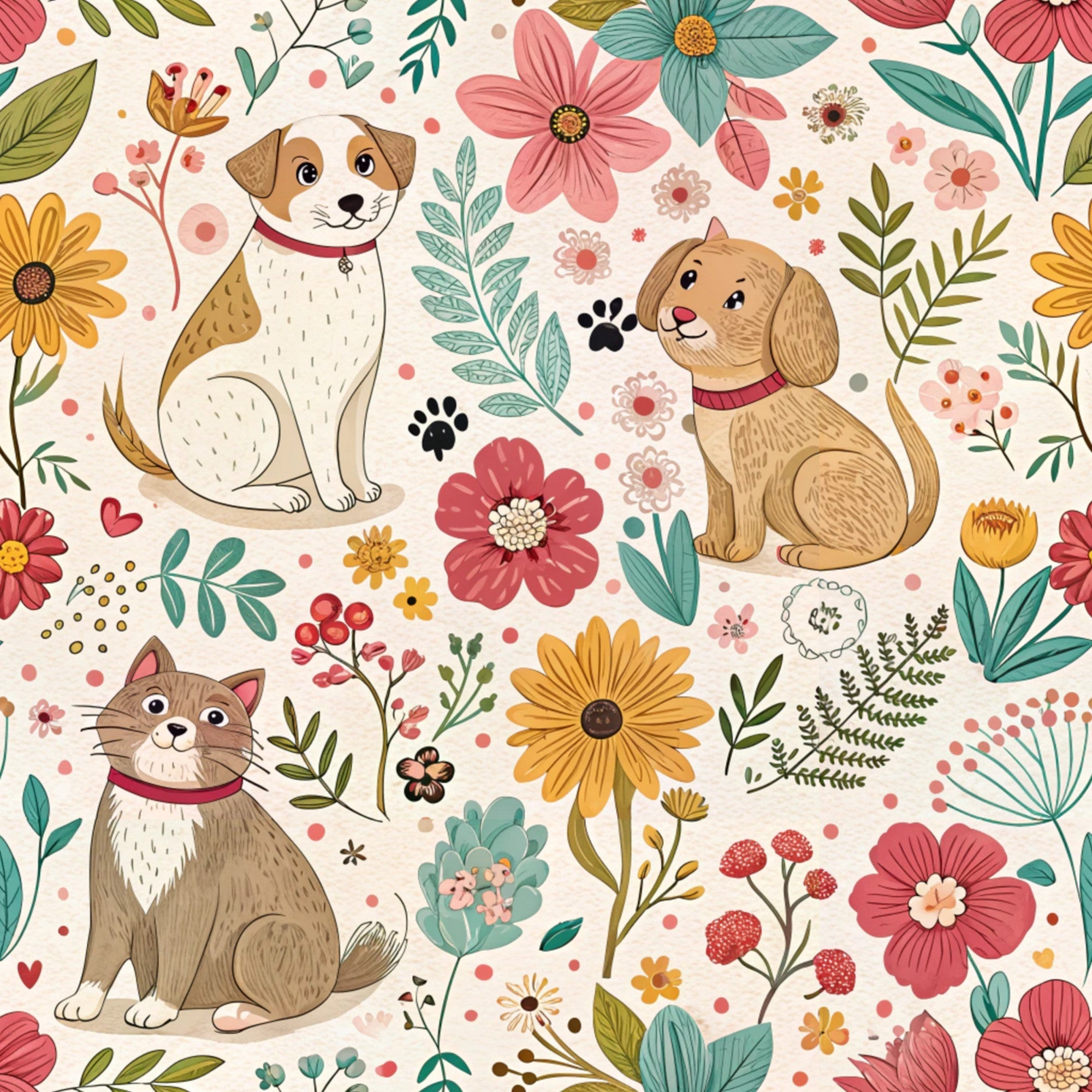 coral pink, sage green, golden yellow, cream background, floral pattern, cute dogs, tabby cat, paw prints, heart motifs, botanical elements, whimsical illustration, pet themed,, fabric panel, spring flowers, folk art style, playful design, animal lovers, crafting material, repeating pattern