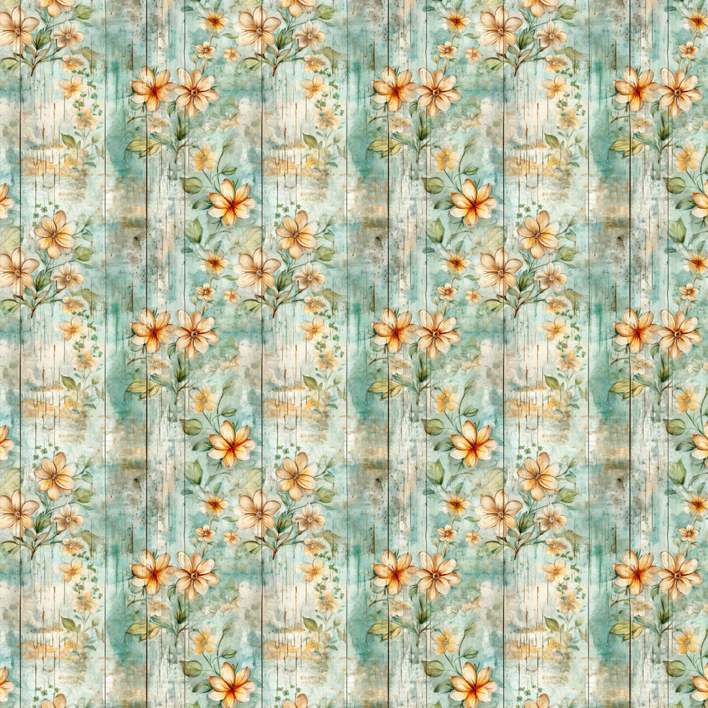 shabby chic, rustic floral, peach flowers, sage green, weathered wood, vintage style, distressed texture, botanical pattern, cottage core,, fabric panel, soft pastels, delicate blooms, aged finish, romantic florals, muted tones, country garden, watercolor effect, repeating motif