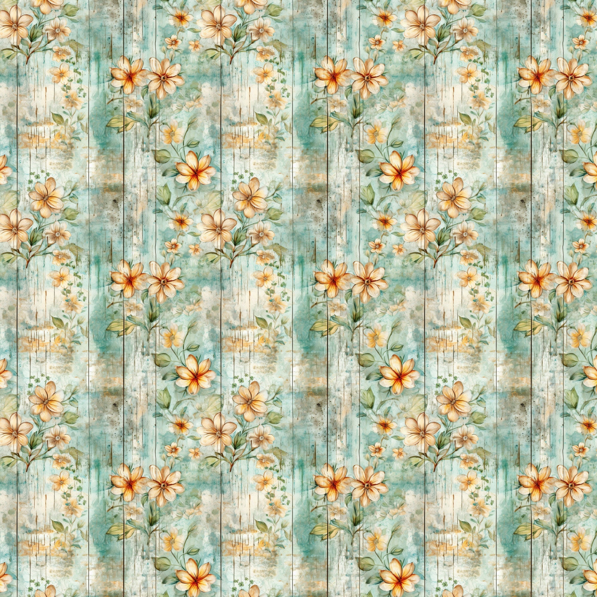 shabby chic, rustic floral, peach flowers, sage green, weathered wood, vintage style, distressed texture, botanical pattern, cottage core,, fabric panel, soft pastels, delicate blooms, aged finish, romantic florals, muted tones, country garden, watercolor effect, repeating motif
