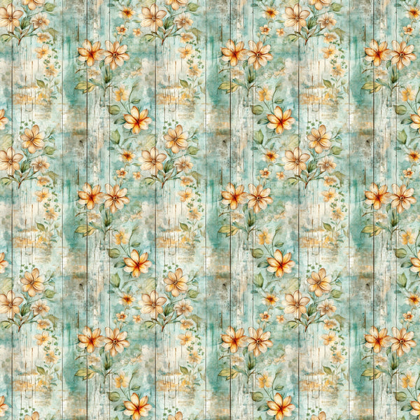 shabby chic, rustic floral, peach flowers, sage green, weathered wood, vintage style, distressed texture, botanical pattern, cottage core,, fabric panel, soft pastels, delicate blooms, aged finish, romantic florals, muted tones, country garden, watercolor effect, repeating motif