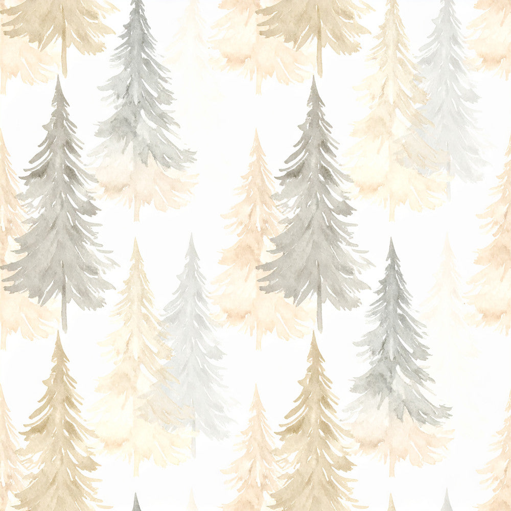 cream, beige, tan, taupe, soft gray, gray, light gray, sage green, watercolor, evergreen trees, pine trees, forest trees, nature, woodland, winter, holiday, christmas, scandinavian, rustic, whimsical, soft, gentle, nursery, baby room, kids room, nature lover, forest themed, peaceful, calming, cozy