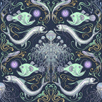 navy blue, mint green, pale lavender, gold, deep sea, bioluminescent, jellyfish, anglerfish, lanternfish, ornate scrollwork, baroque, victorian, celestial, nocturnal ocean, deep sea creatures, magical, whimsical, elegant, gothic, dark academia, abyssal, fantasy, mysterious, ornamental flourishes, sea life, glowing orbs, vintage inspired, dreamlike, underwater world, ethereal