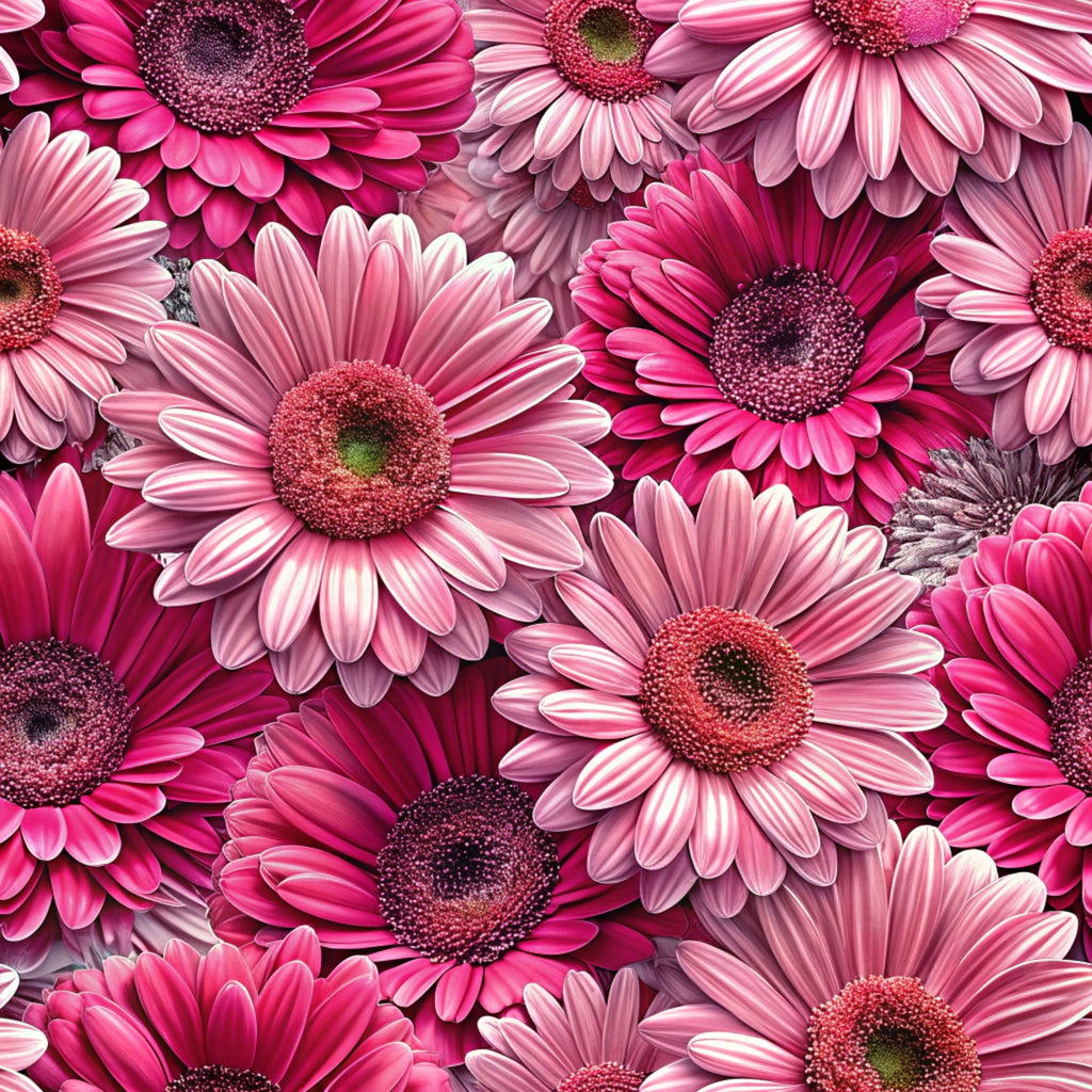 realistic flowers, gerbera daisies, pink flowers, magenta petals, coral centers, floral pattern, botanical design,, fabric panel, seamless repeat, vibrant pink, fuchsia tones, layered petals, densely packed, blooming flowers, spring motif, garden theme, feminine colors, crafting fabric, sewing material