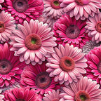 realistic flowers, gerbera daisies, pink flowers, magenta petals, coral centers, floral pattern, botanical design,, fabric panel, seamless repeat, vibrant pink, fuchsia tones, layered petals, densely packed, blooming flowers, spring motif, garden theme, feminine colors, crafting fabric, sewing material