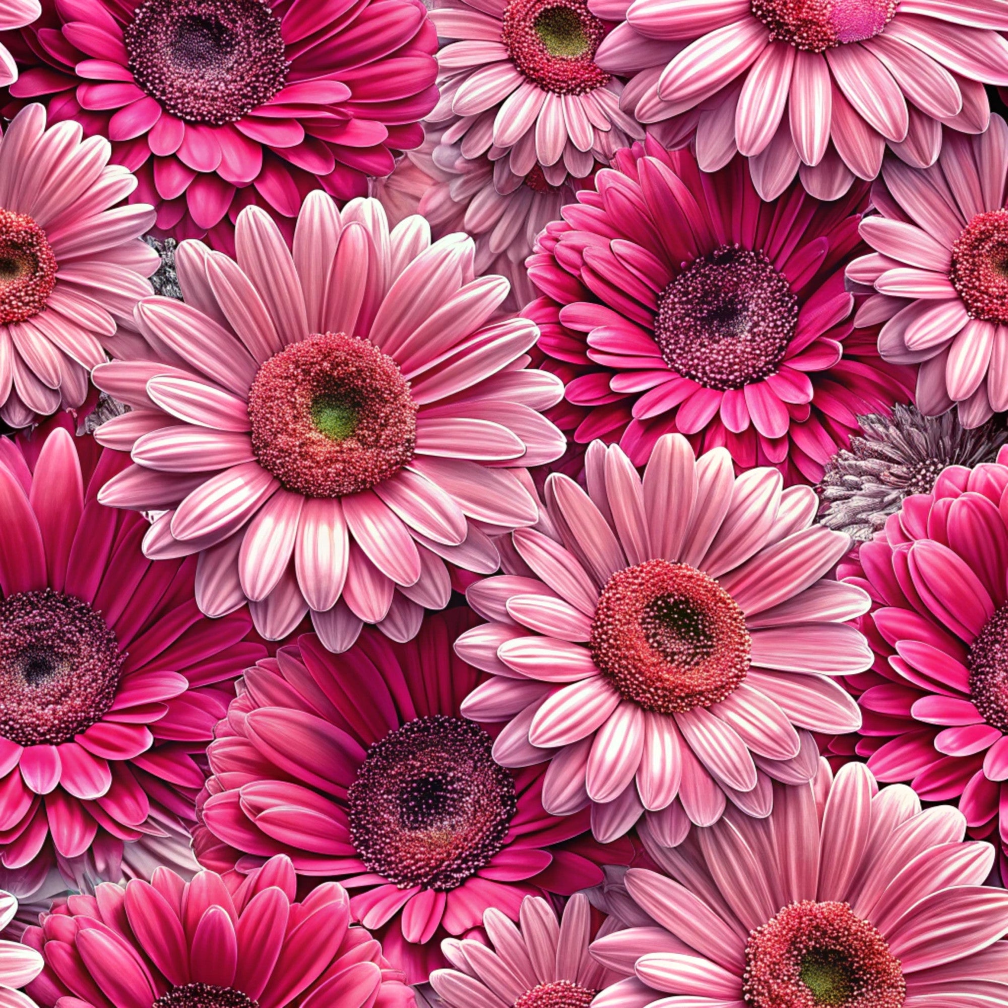 realistic flowers, gerbera daisies, pink flowers, magenta petals, coral centers, floral pattern, botanical design,, fabric panel, seamless repeat, vibrant pink, fuchsia tones, layered petals, densely packed, blooming flowers, spring motif, garden theme, feminine colors, crafting fabric, sewing material