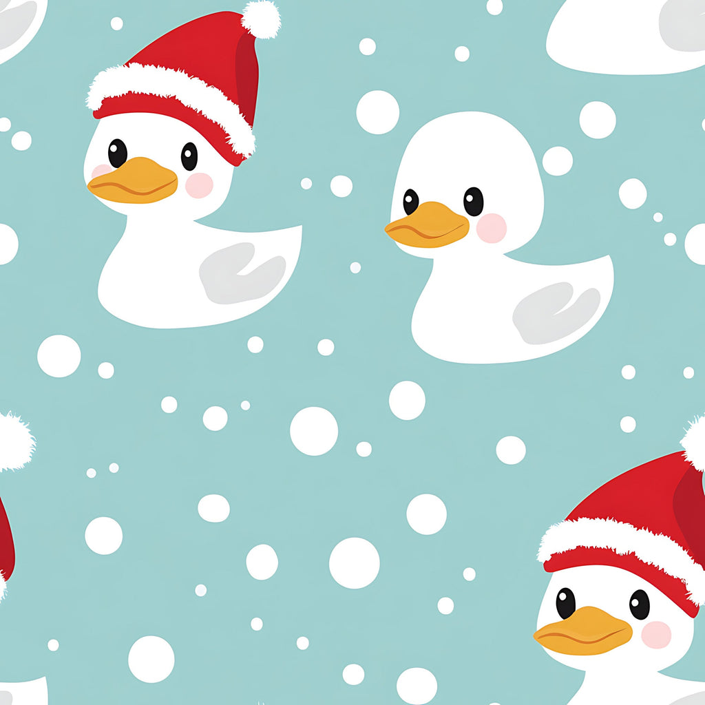 christmas ducks, rubber ducks, santa hats, mint green, aqua blue, white snowflakes, red and white, polka dots, winter theme, holiday pattern, cute cartoon style,, fabric panel, christmas fabric, duck pattern, festive design, snow dots, playful design, seasonal motif