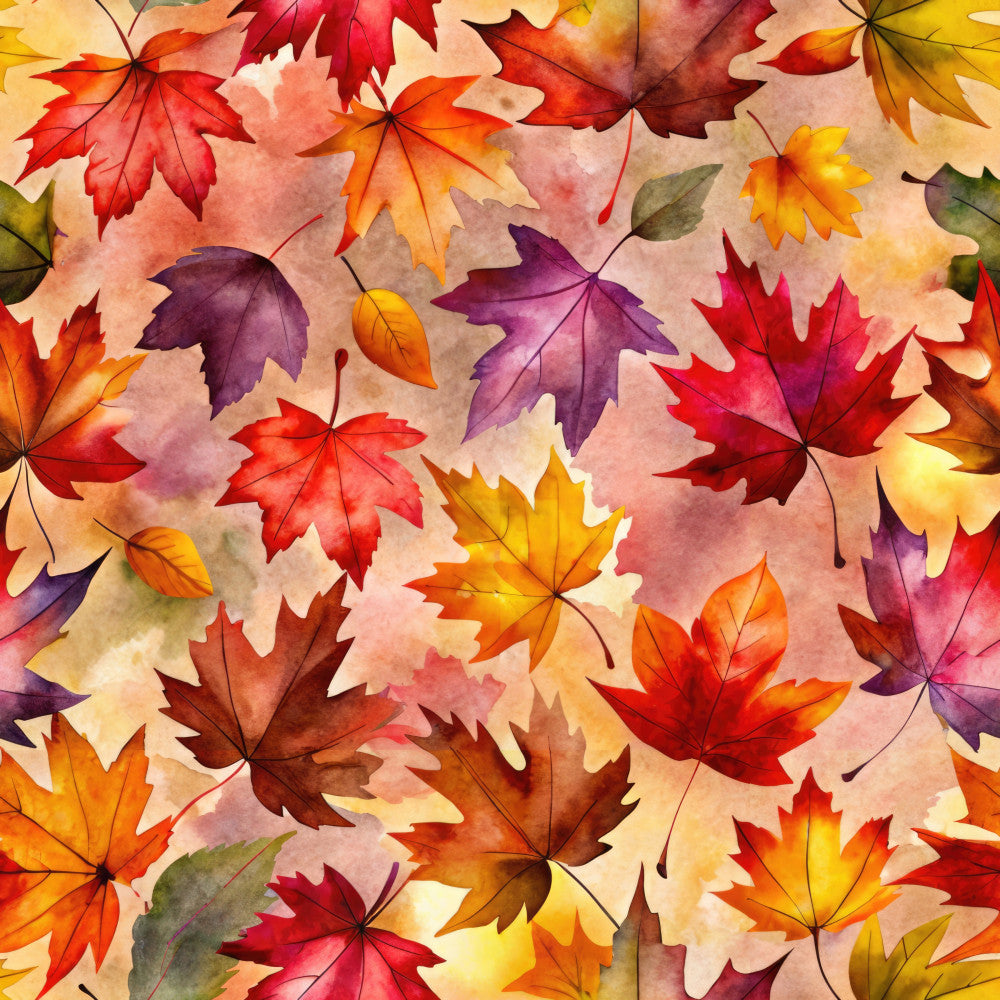 autumn leaves, fall foliage, maple leaves, watercolor leaves, red leaves, orange leaves, yellow leaves, burgundy leaves, wine red, burnt orange, golden yellow, dusty rose, blush pink, watercolor pattern, nature theme, seasonal, autumn, fall, whimsical style, artistic, painted effect, leaf motifs, transitional style, warm tones, multi-color design, home decor, kids room, playroom, nursery