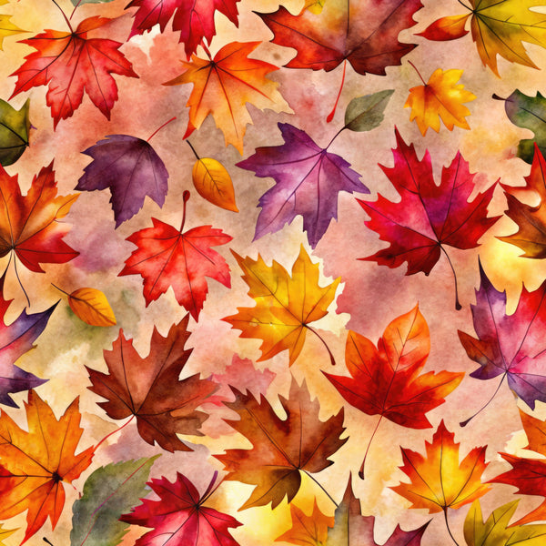 autumn leaves, fall foliage, maple leaves, watercolor leaves, red leaves, orange leaves, yellow leaves, burgundy leaves, wine red, burnt orange, golden yellow, dusty rose, blush pink, watercolor pattern, nature theme, seasonal, autumn, fall, whimsical style, artistic, painted effect, leaf motifs, transitional style, warm tones, multi-color design, home decor, kids room, playroom, nursery