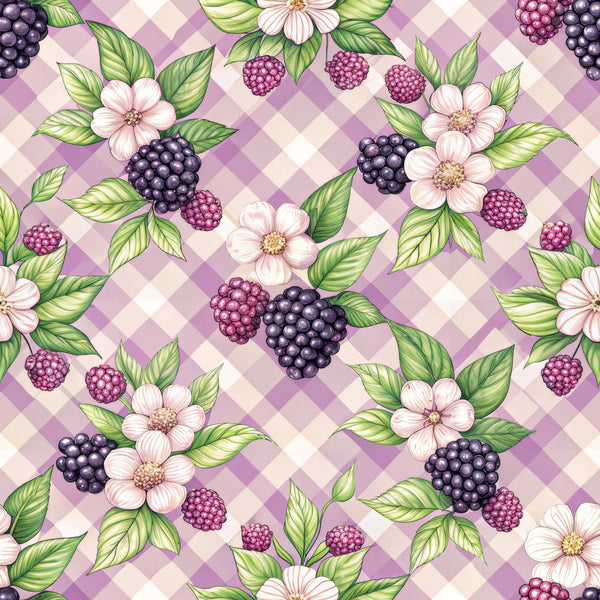 lavender purple, mauve, dusty purple, cream, white, forest green, sage green, burgundy, blackberry, floral, geometric diamond pattern, gingham check, berries, brambles, blackberries, raspberries, wildflowers, delicate flowers, nature, botanical, cottage core, farmhouse, vintage, whimsical, garden, spring, summer, sweet, romantic, traditional