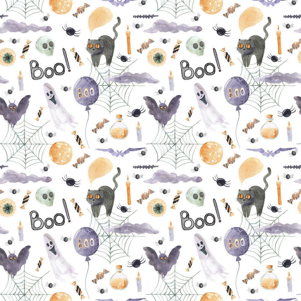 halloween, spooky, boo, black cat, ghost, bat, spider web, candy corn, potion bottle, candle, purple, orange, cream, black, whimsical, playful, kids, children, autumn, fall, holiday, spooky season, trick or treat, haunted, witchy, moon, eye, creepy cute, festive, playroom