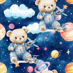 blue, navy blue, teddy bears, astronaut bears, space theme, planets, stars, clouds, rockets, space rovers, pink accents, yellow stars, watercolor style, whimsical, cute animals,, fabric panel, baby boy, nursery theme, celestial design