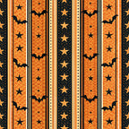 halloween fabric, orange, black, yellow, vertical stripes, bats, stars, gingham pattern,, fabric panel, spooky theme, autumn colors, halloween motifs, striped design, flying bats, star patterns, seasonal fabric, craft fabric, patchwork material, halloween decorations